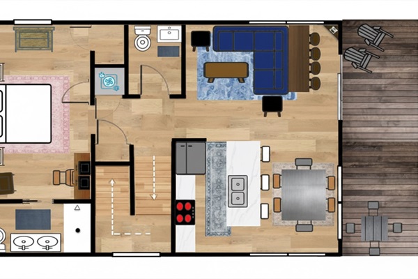 The upper level of The Compass Star features an open-concept kitchen and living area, plus 1 bedroom and 1.5 bathrooms.