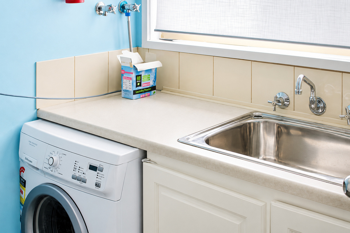 The laundry area at Carlenes Getaway adds practical convenience, with a washing machine, sink and bench space for longer Loch Sport stays.