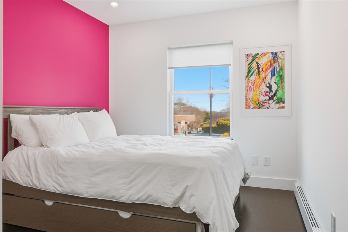 Pink Room Guest Bedroom - Queen Bed - Twin Trundle - View Right on Main St. Bar Harbor - Blackout Blinds