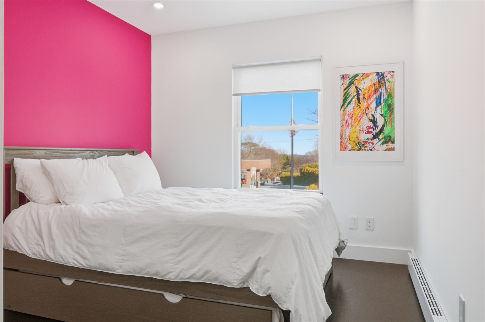 Pink Room Guest Bedroom - Queen Bed - Twin Trundle - View Right on Main St. Bar Harbor - Blackout Blinds