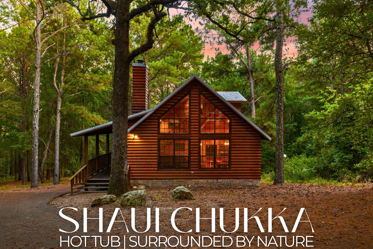 Shaui Chukka: a cozy cabin with 3 bedrooms, 2 baths, and a bubbling hot tub under the trees. Sleeps 8 in rustic comfort.
