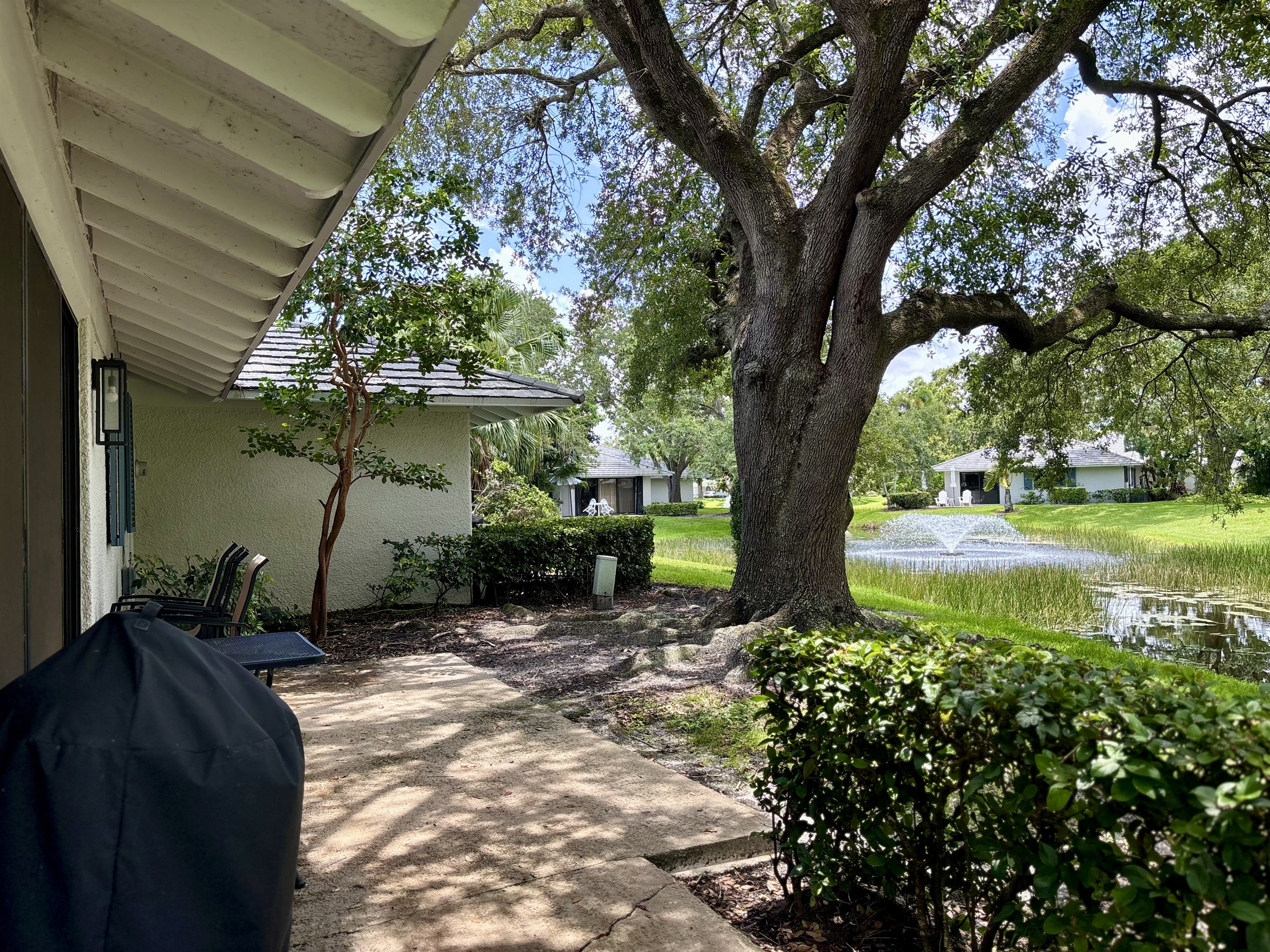 A large tree provides plenty of shade so you can comfortably enjoy sitting outside.