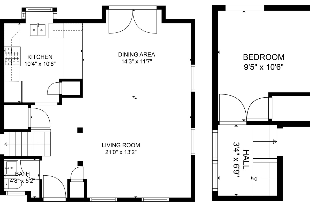The house is two stories, with the bunk room at floor 1 1/2