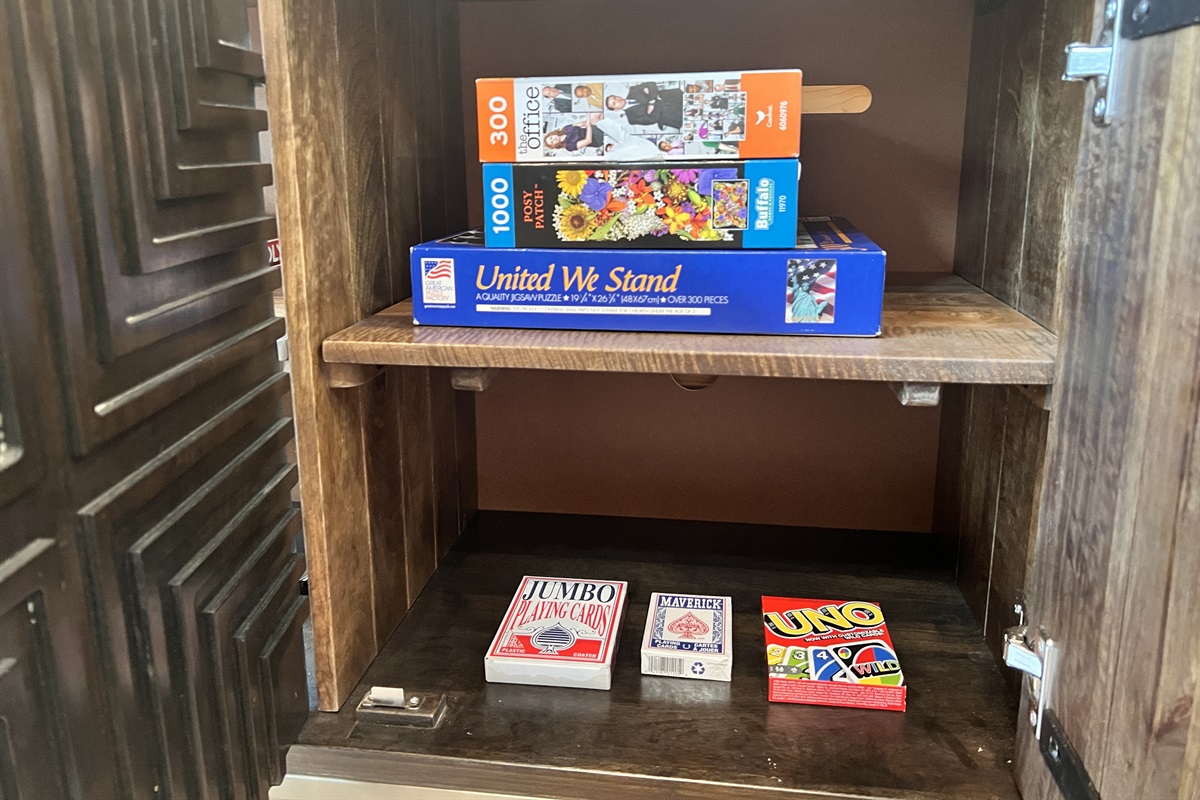 Board games, puzzles and cards for entertainment.