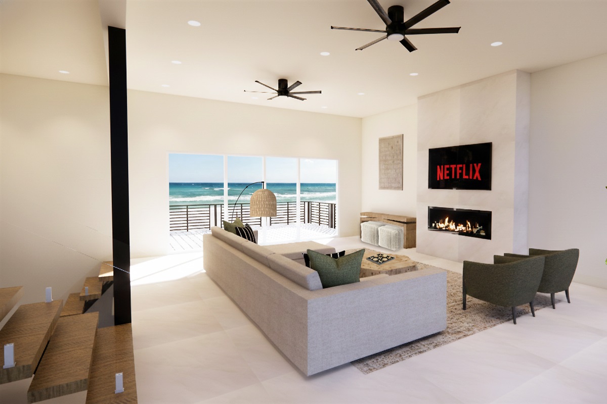 Panoramic windows frame both sunrise over the Atlantic and sunset over the Guana River — a view that changes with every hour.
Design rendering shown; professional photography coming soon.