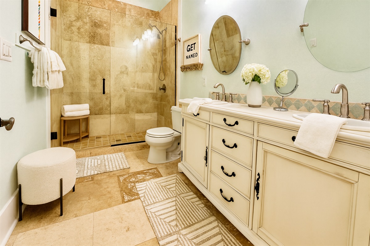 Large Double Vanity Bathroom with Oversized shower for King & Queen Bedroom to share on 2nd floor