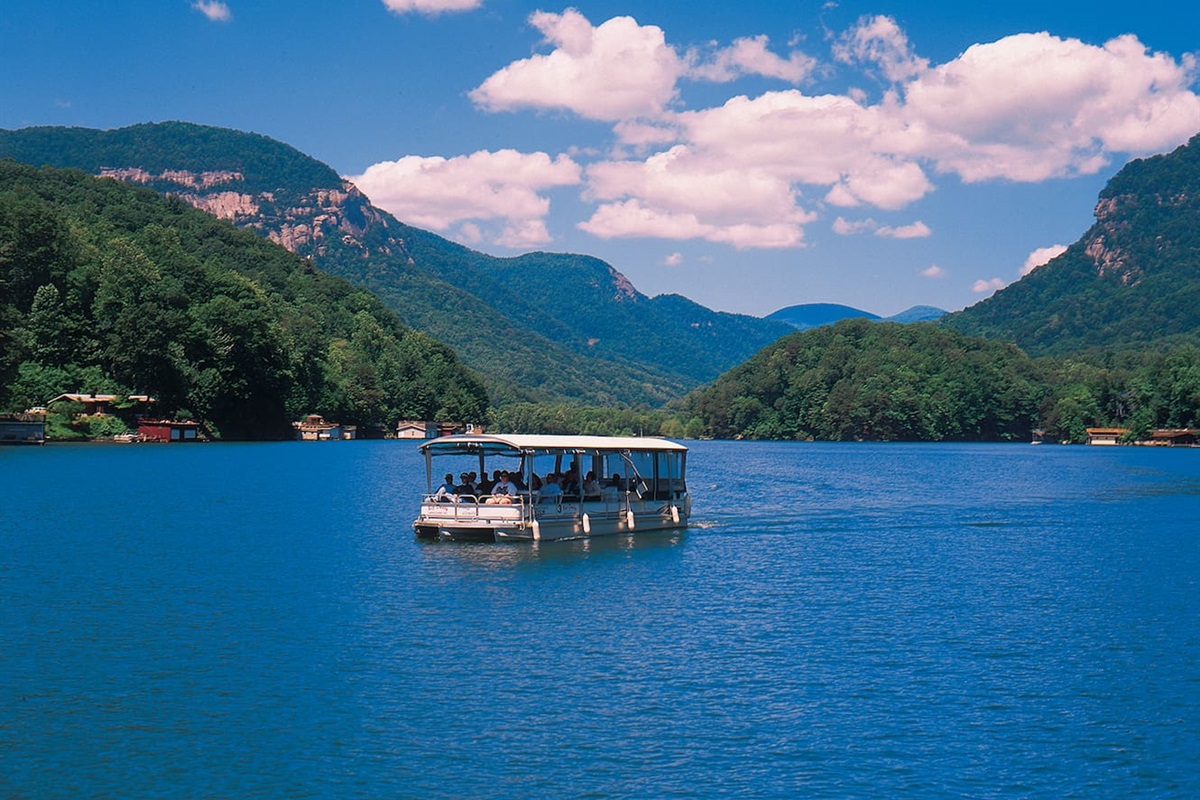 Daily Lake Lure boat tours from nearby marina.