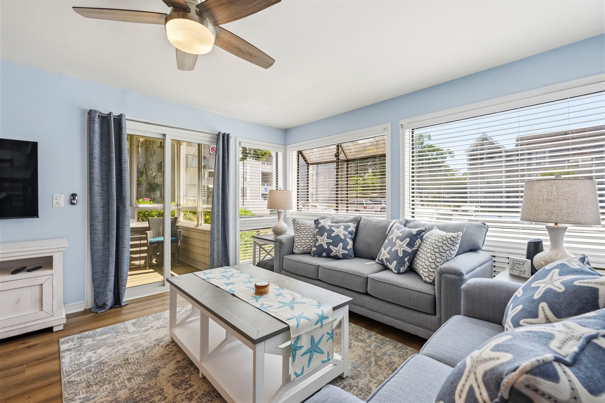 Bright and open living room with queen sleeper sofa
