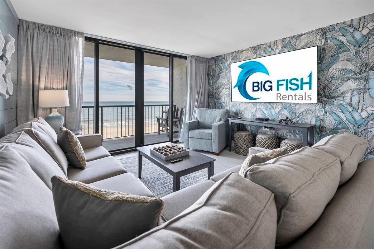 Beautifully updated and modern living room with beautiful ocean front view!