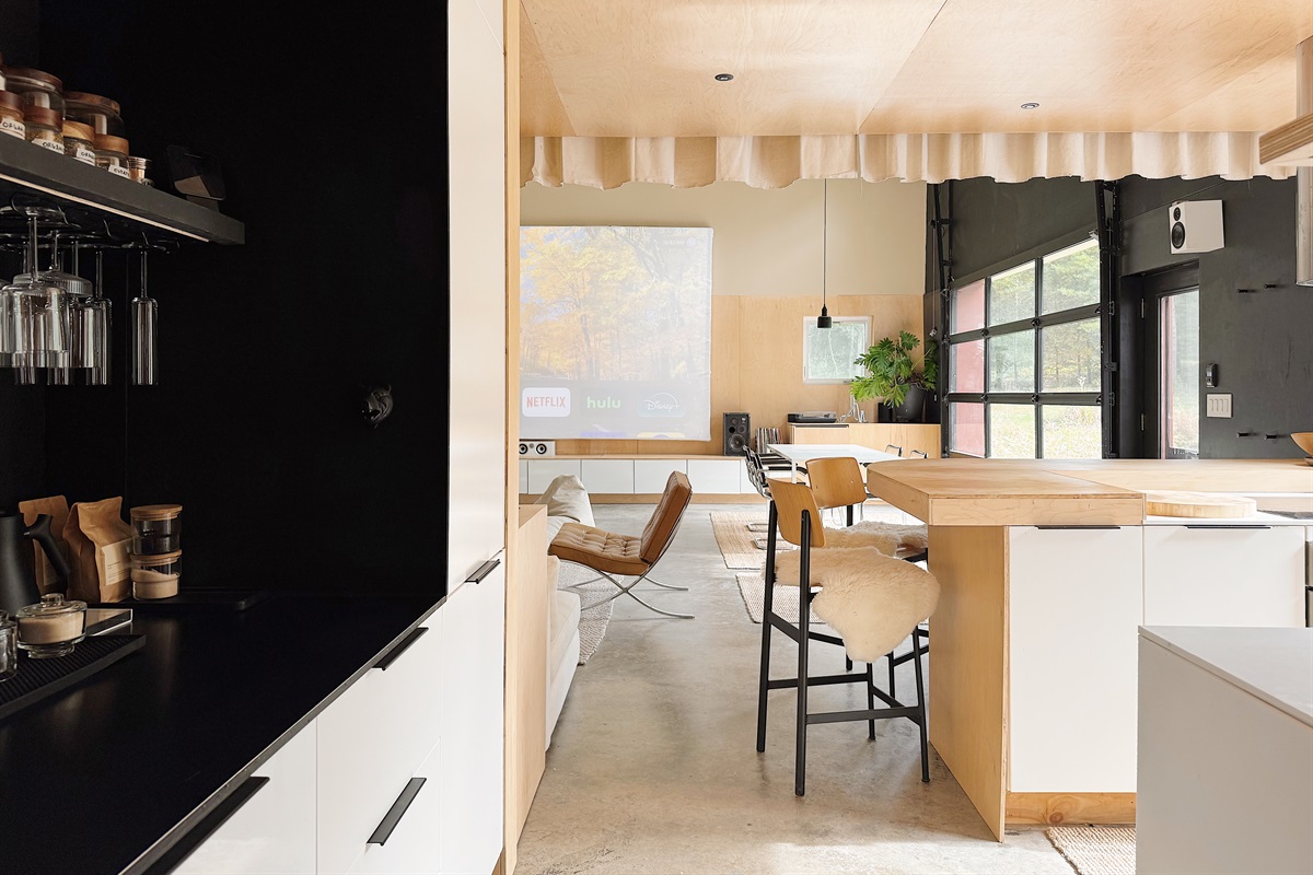 Kitchen with view of the movie screen from the coffee bar