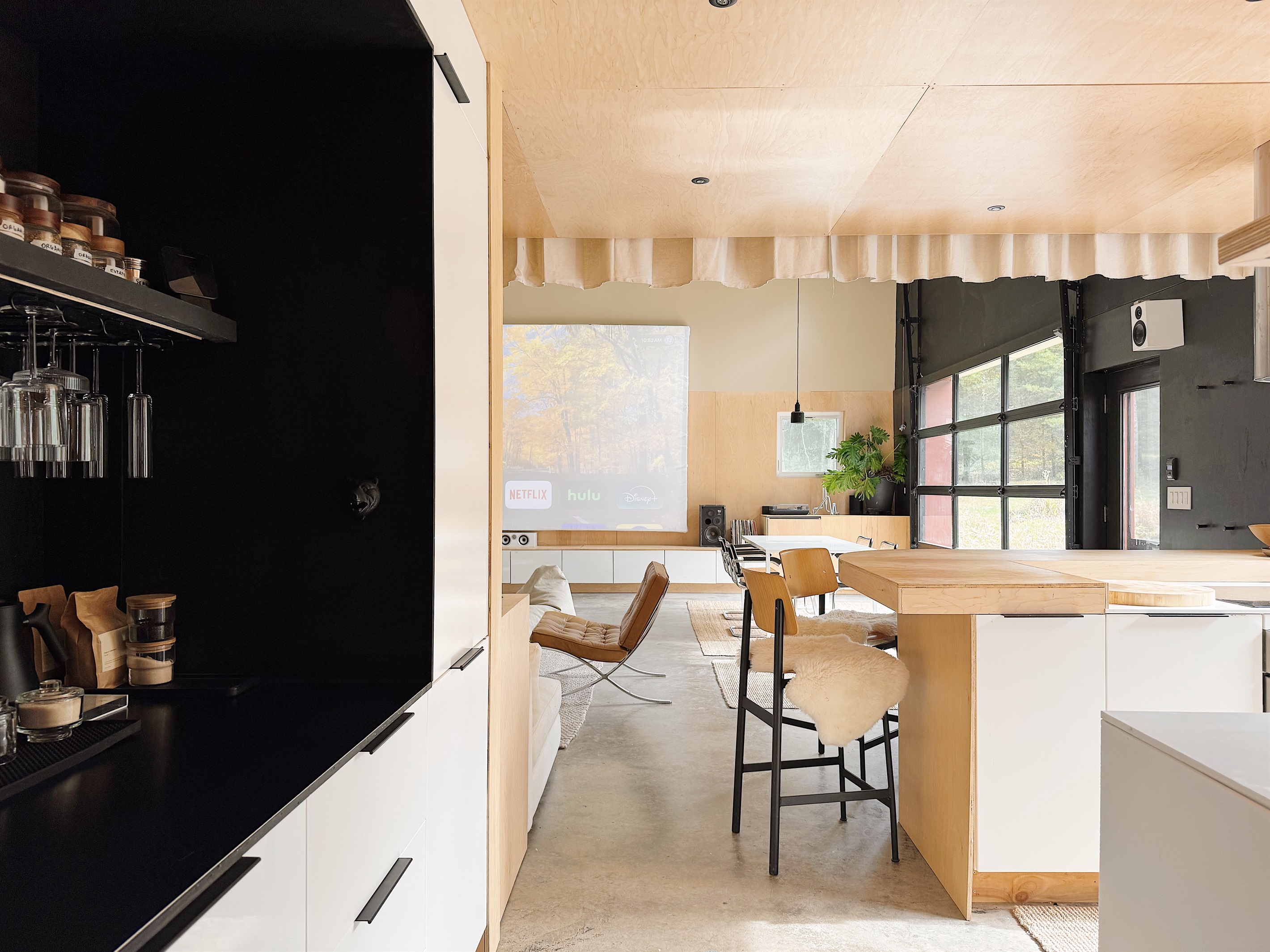 Kitchen with view of the movie screen from the coffee bar