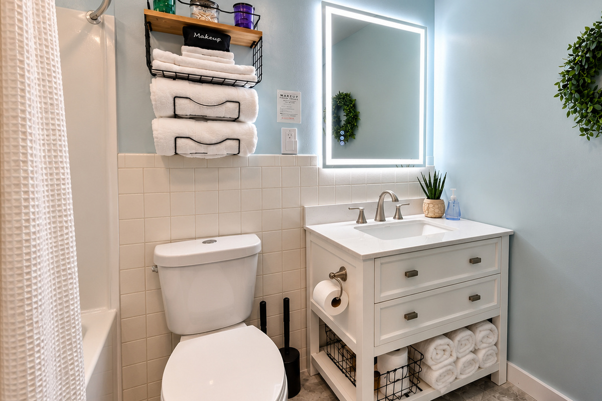 Fresh, updated bathroom with illuminated mirror, tub/shower combo, and plush towels