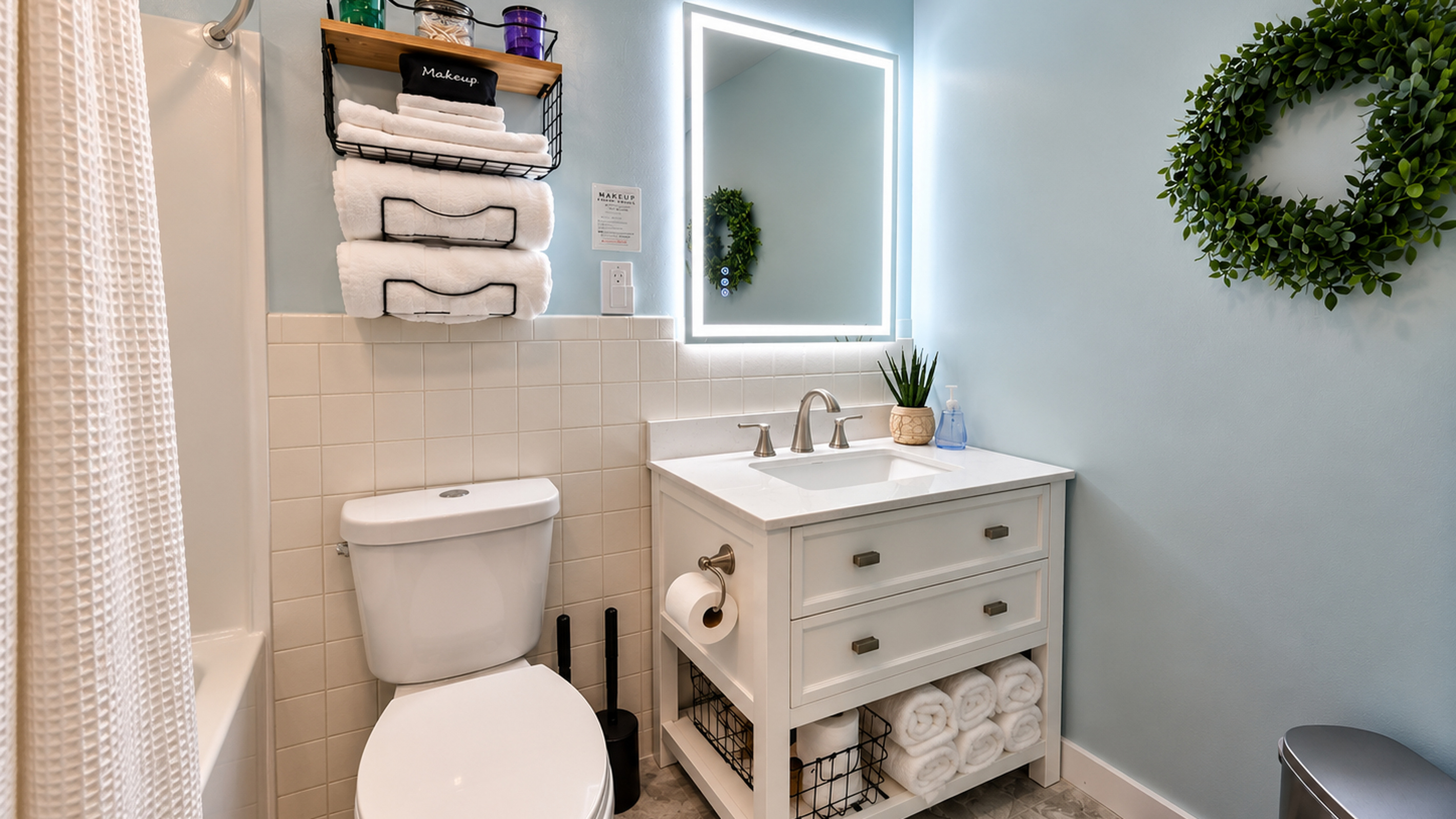 Fresh, updated bathroom with illuminated mirror, tub/shower combo, and plush towels