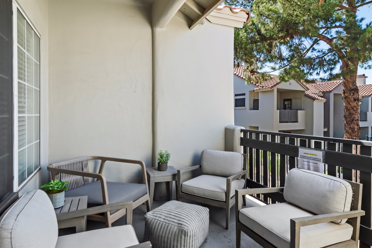 Outdoor patio/balcony ideal for unwinding after a long day.