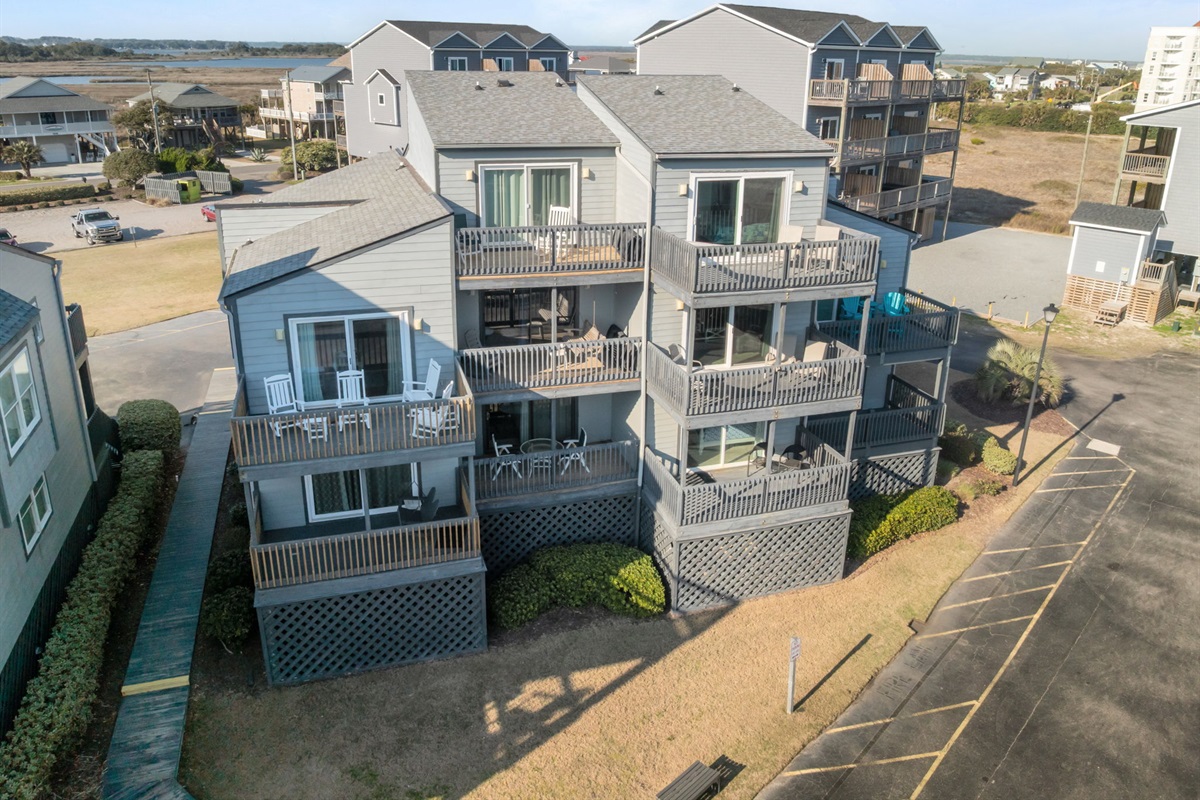 Rear view of the Shipwatch II buildings with multiple private balconies designed to enjoy ocean breezes and coastal views