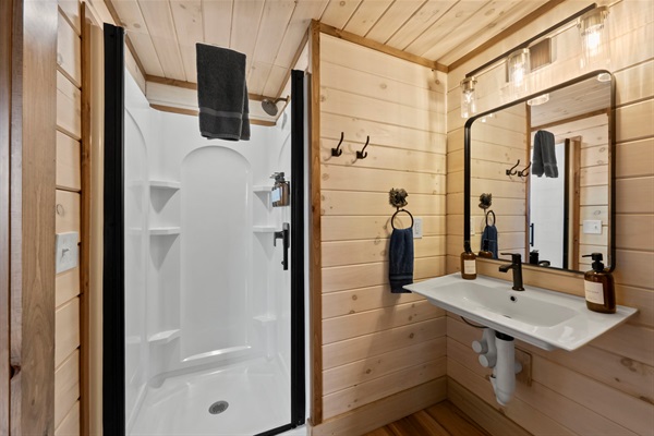 Wheelchair-Friendly Main Level Bathroom with Walk-In Shower and Grab Bars at the Toilet.