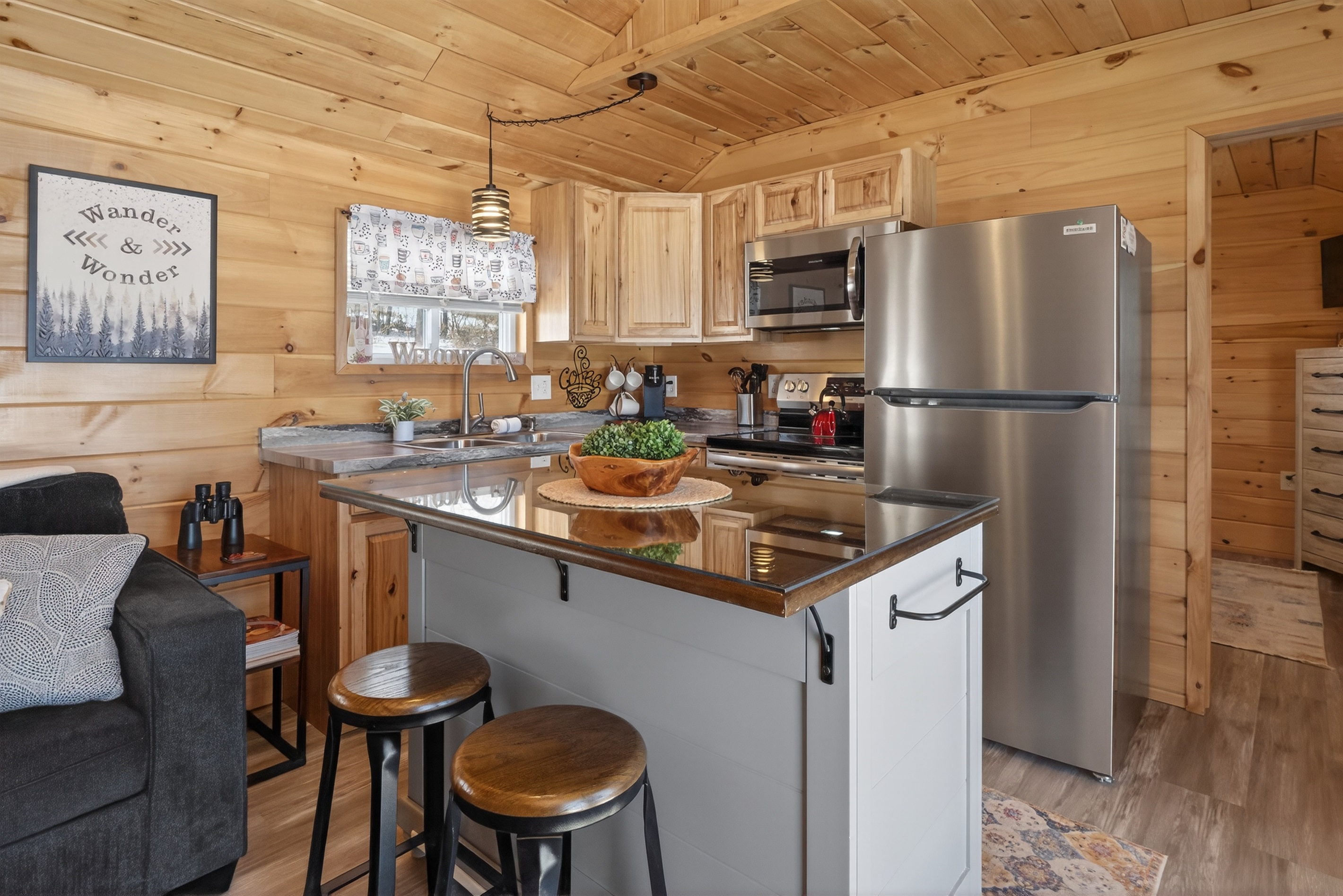 Tiny home kitchen with island seating