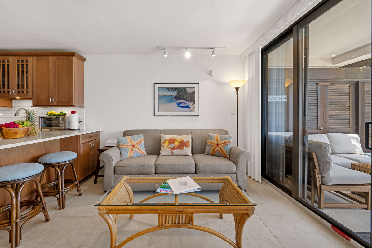 Comfortable and stylish living space designed for relaxing after a day of island adventures.