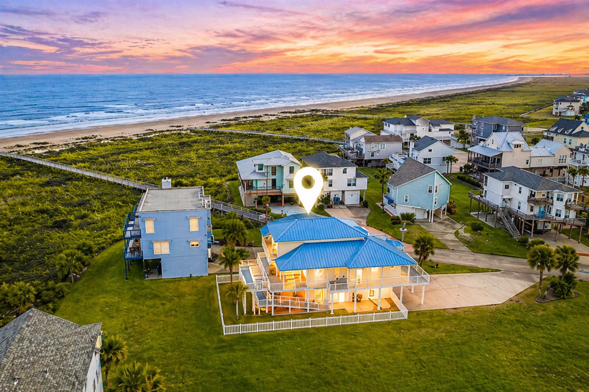 Take Me Awave beach house in Galveston, Texas. Stunning coastal home with ocean views, sunset skies, and steps to sandy shores&mdash;perfect for a relaxing seaside getaway for families and friends.