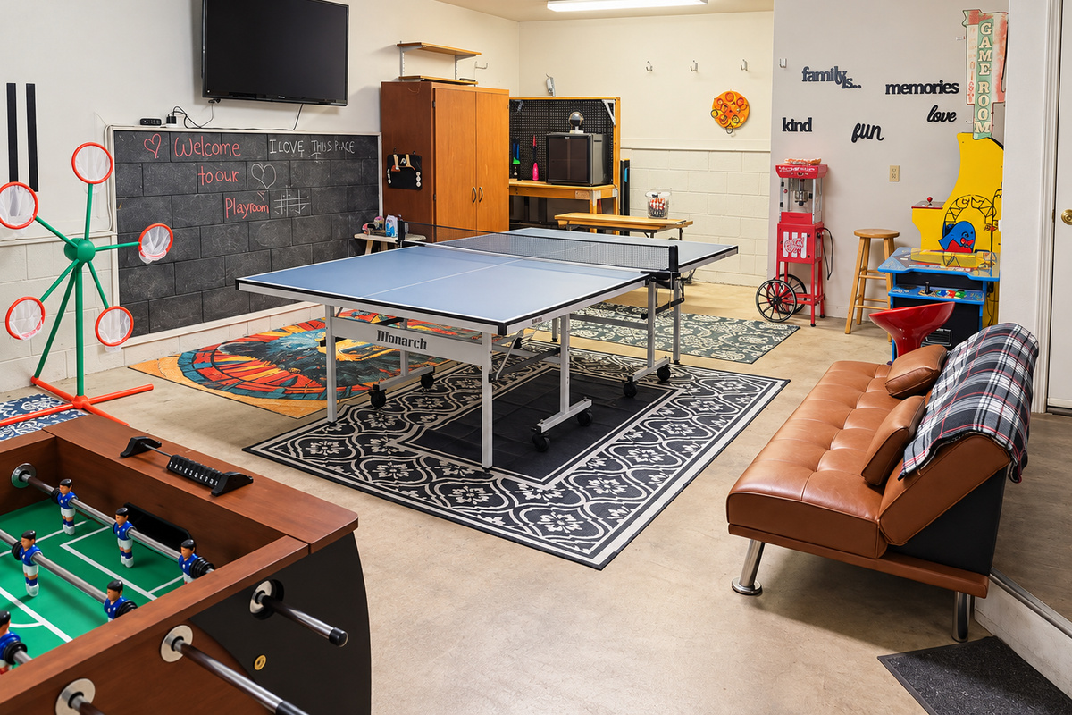 Game room with ping pong, foosball, arcade games, TV, and plenty of space for group fun.