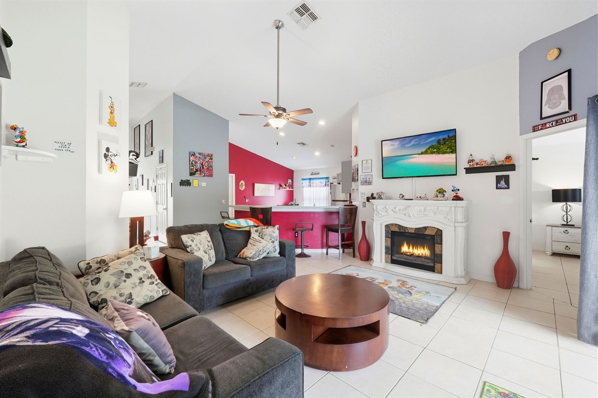 Spacious Living Room with Indoor Fireplace