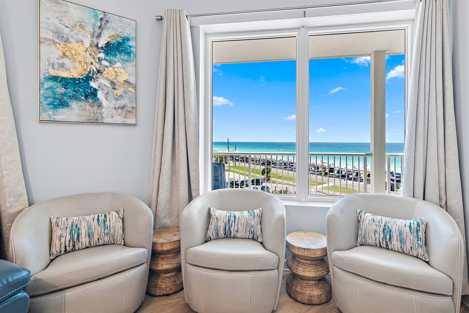 Open‑concept living area with direct balcony access