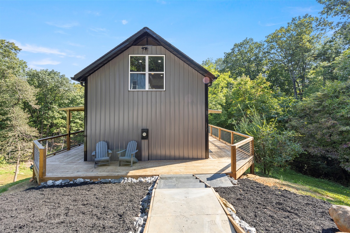 Front view of Heart Ridge, your private retreat set on 8 wooded acres.