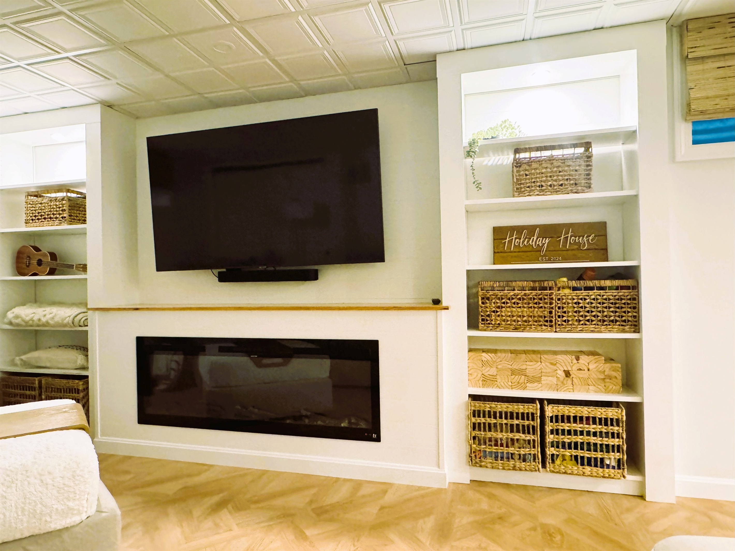 Lower Level Family Room, Electric Fireplace with Lights and Heatless Option (Use Anytime!)