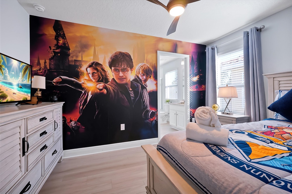 The Harry Potter bedroom features a full size bed for kids or grown up (kids).