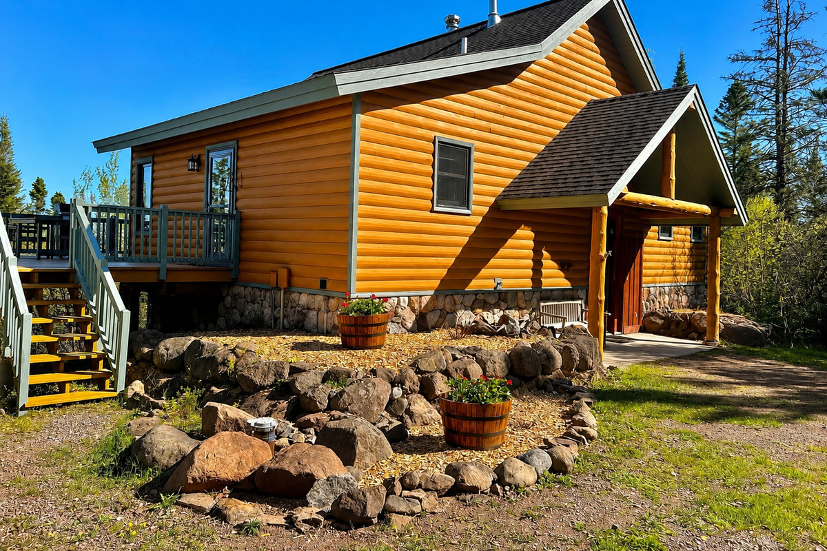 Freshly landscaped exterior of Treetops in Tofte 6/4/2026. An inviting North Shore cabin surrounded by trees, with a refreshed outdoor space perfect for relaxing after hiking, exploring Lake Superior, or visiting nearby Lutsen Mountains.