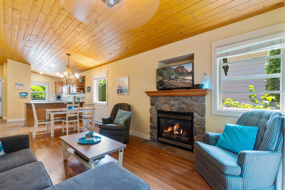 Cozy up by the fireplace and enjoy a quiet evening at the cottage.