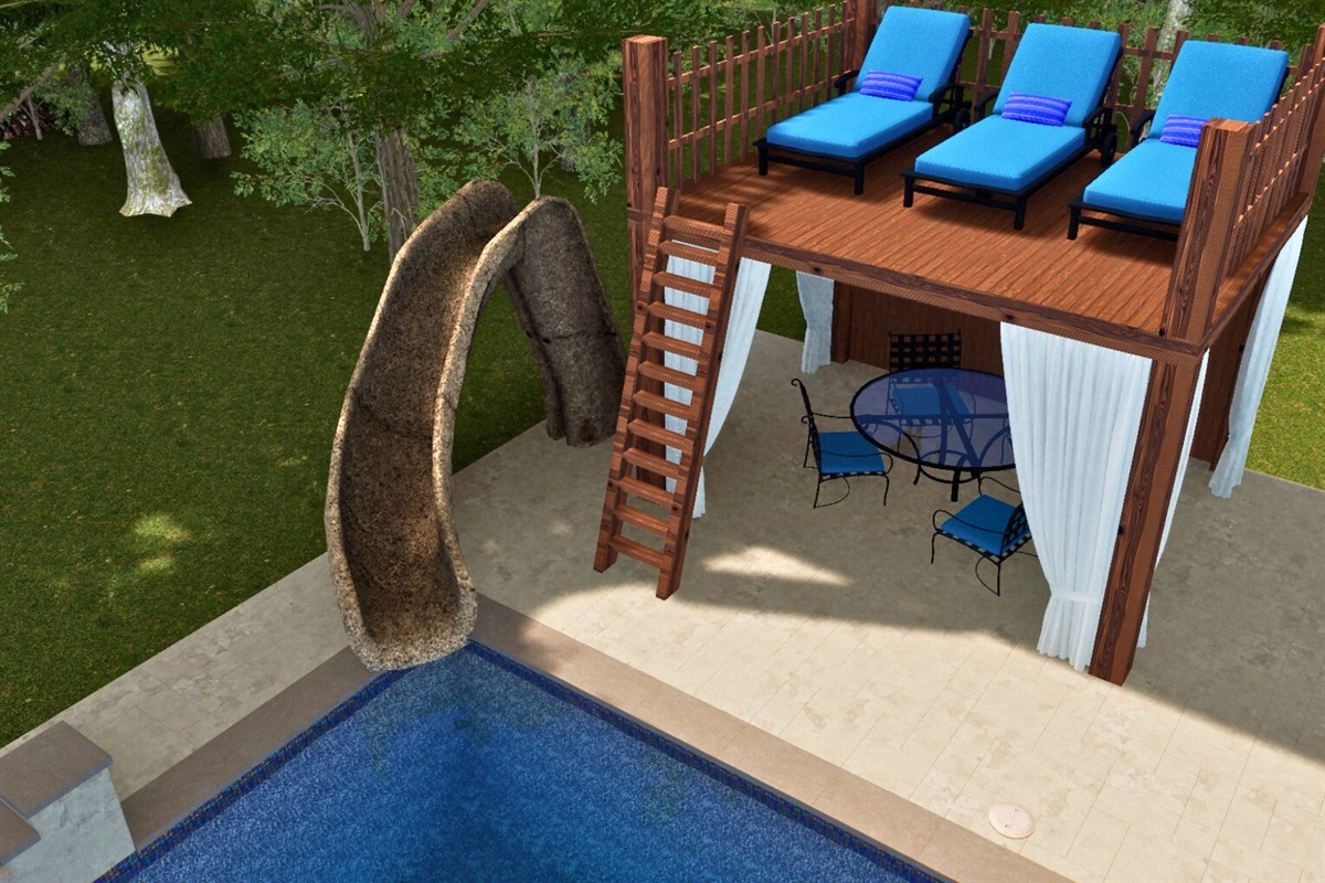 Sun, shade, and a slide! Lounge up top, dine below, and make a splash in style. New pool Nov. 1!