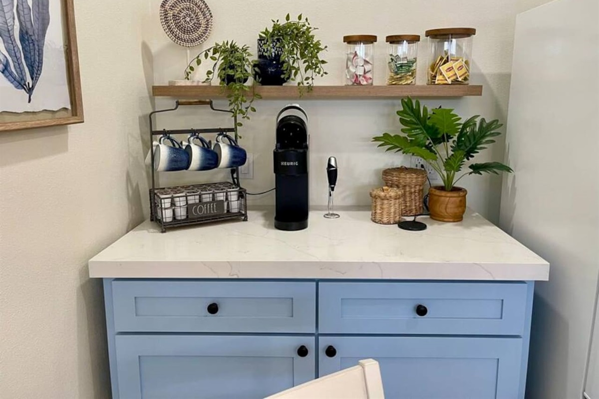 Enjoy our coffee bar complete with Keurig coffee machine and free pods.