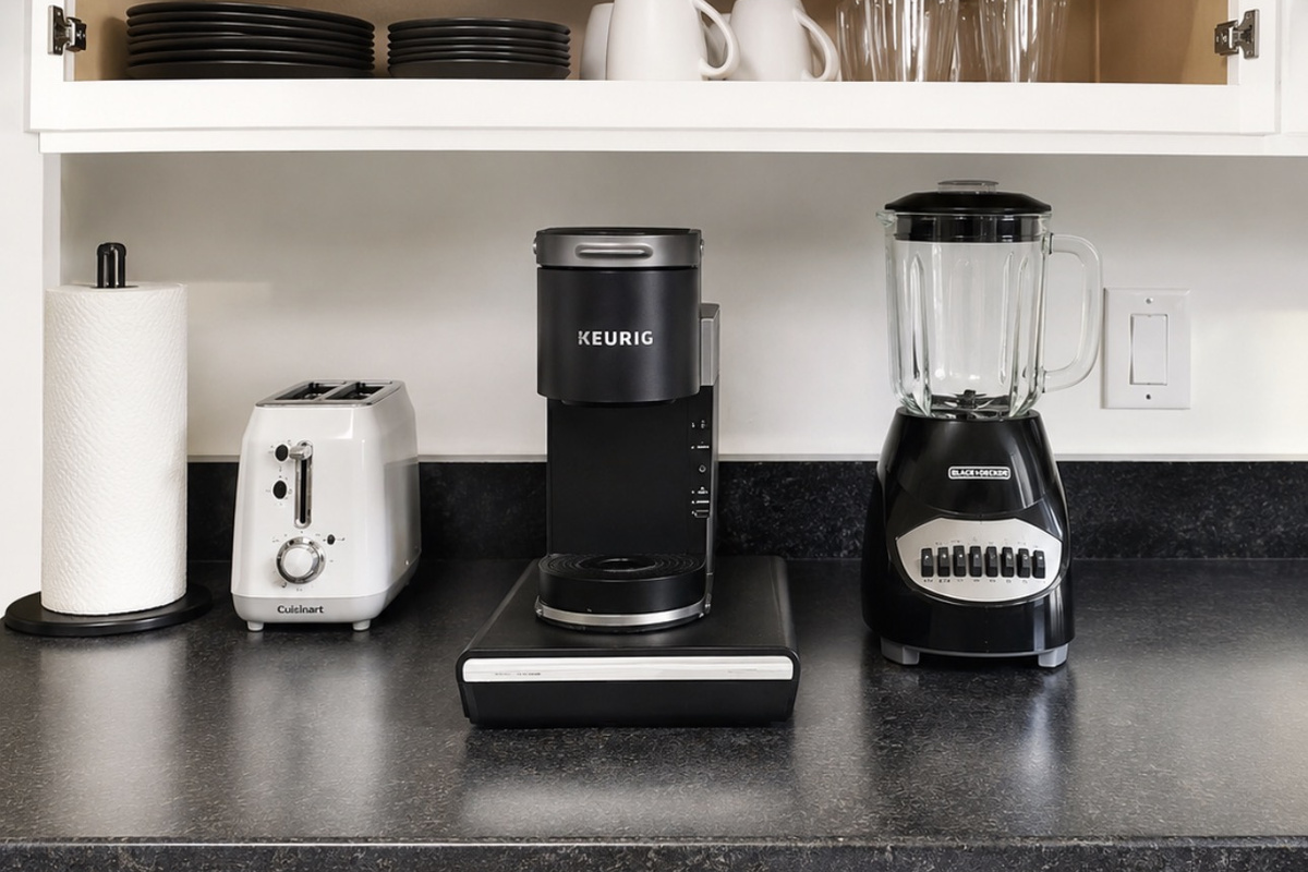 Kitchen coffee station with Keurig, toaster, blender, and everyday essentials