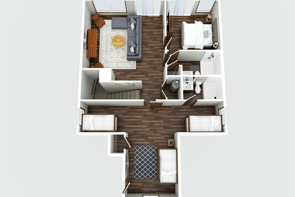 Second floor: loft living space, upstairs king with balcony, bunk room and hall bath.