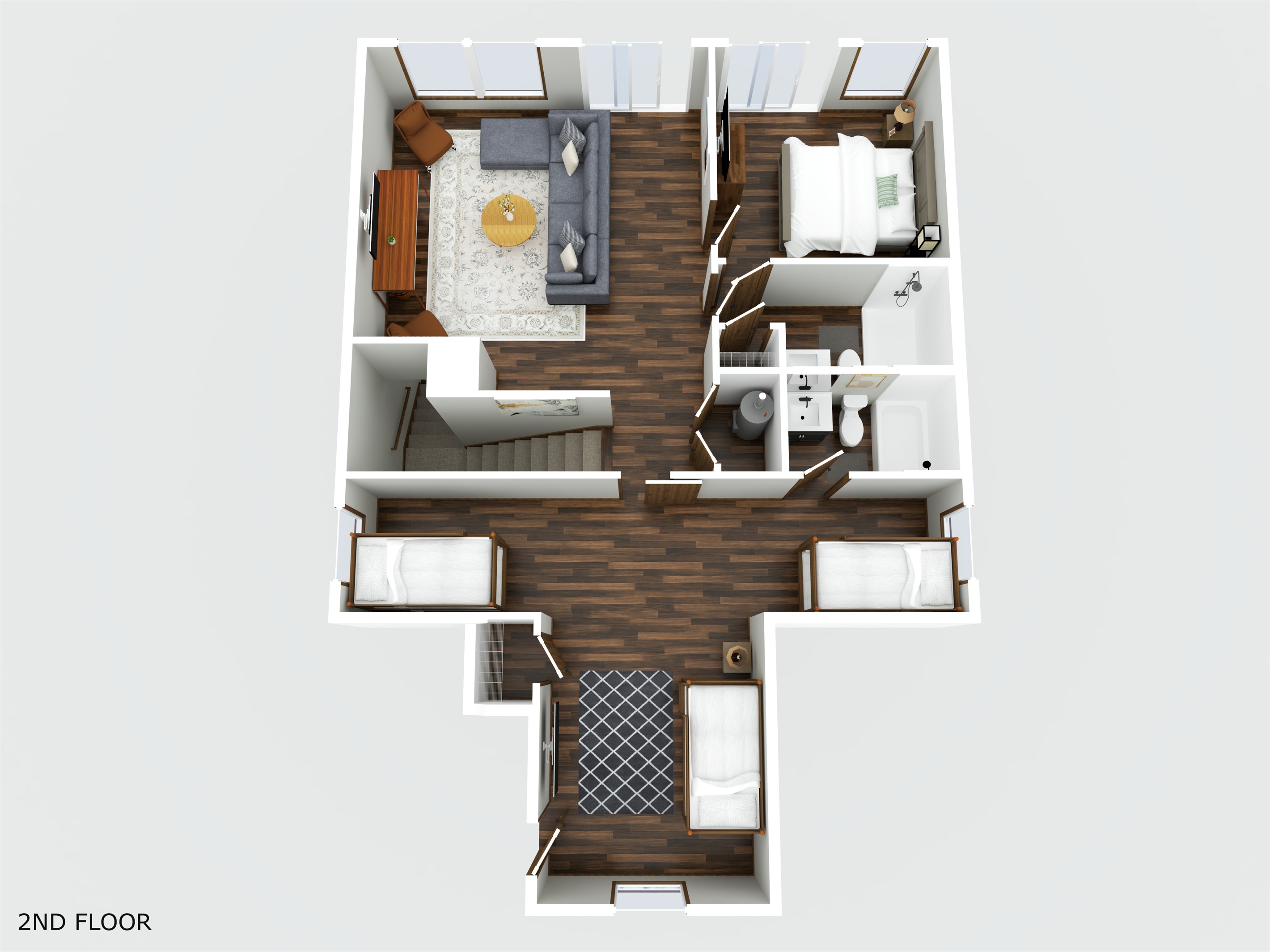 Second floor: loft living space, upstairs king with balcony, bunk room and hall bath.