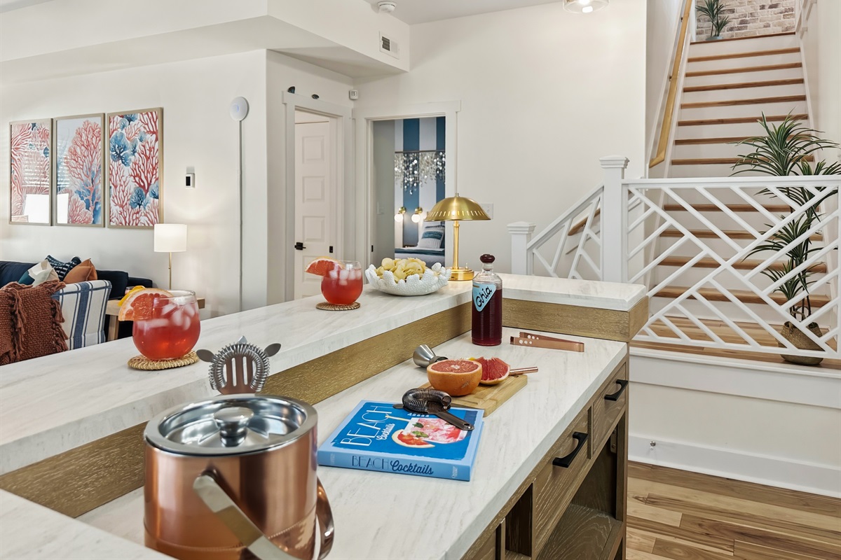The downstairs bedroom and bathroom are just around the corner from the stairs.