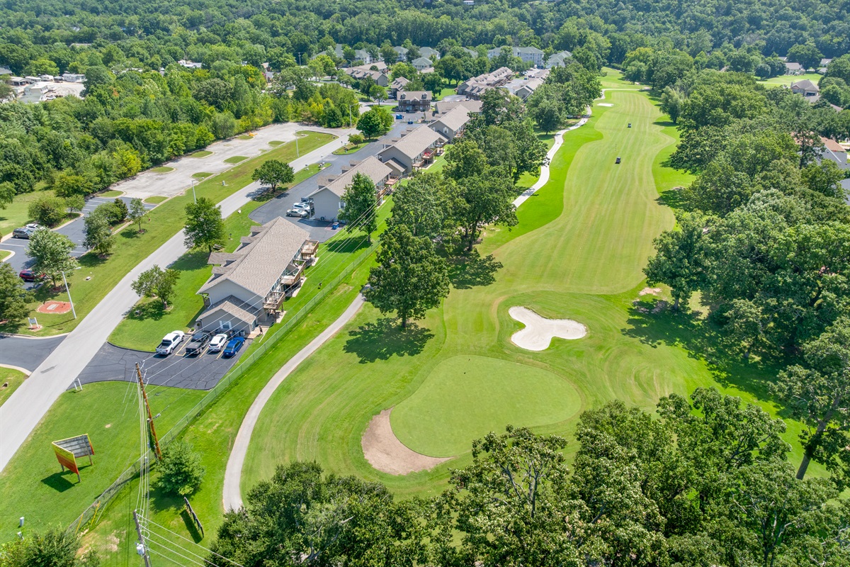 Bird’s-eye view of the golf course and surrounding Ozark hills.