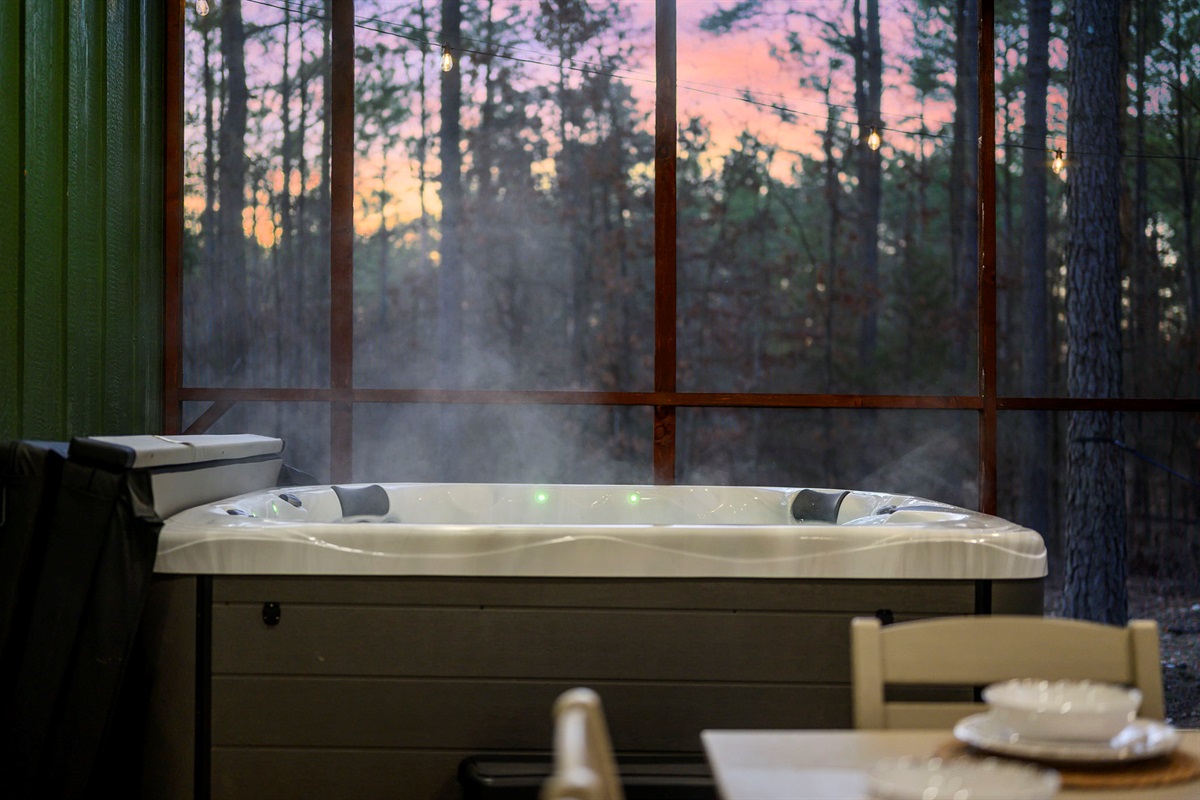 Steamy hot tub soaks with sunset views through the trees ♨️🌲
