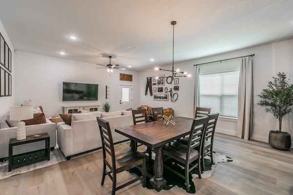 Large dining table in the open floor plan