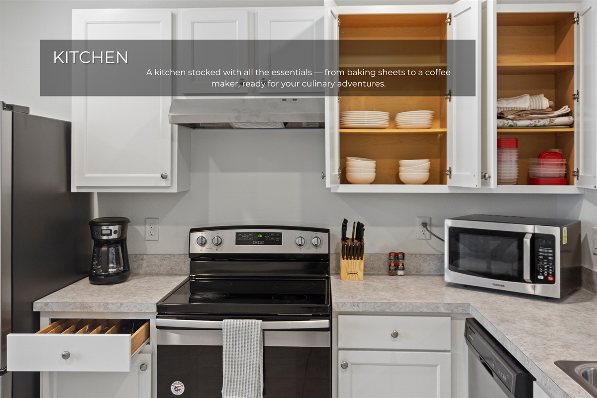 Fully equipped, modern kitchen.