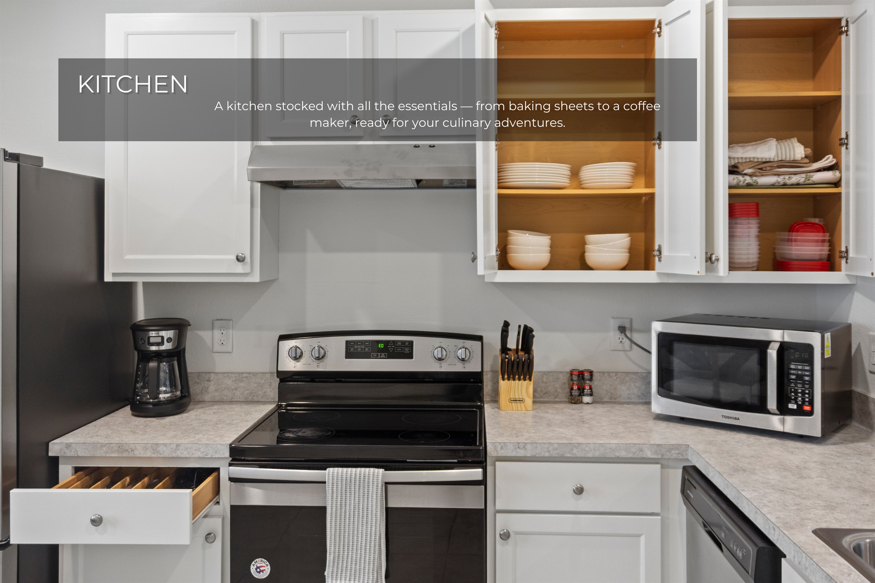 Fully equipped, modern kitchen.