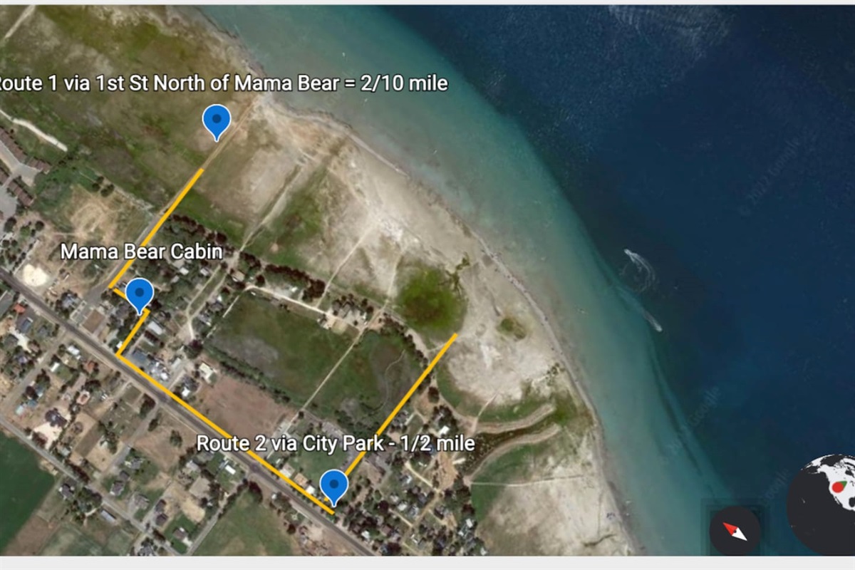 There are two walking routes to the lake from Mama Bear.   The beaches are great at either locations when the lake is lower. 

Additional entrances to the lake are at both the South and North sides of Bear Lake where beaches are always great!  