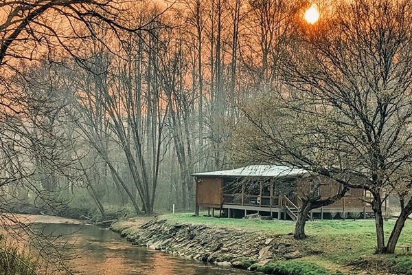 Creekside Cabin at dusk