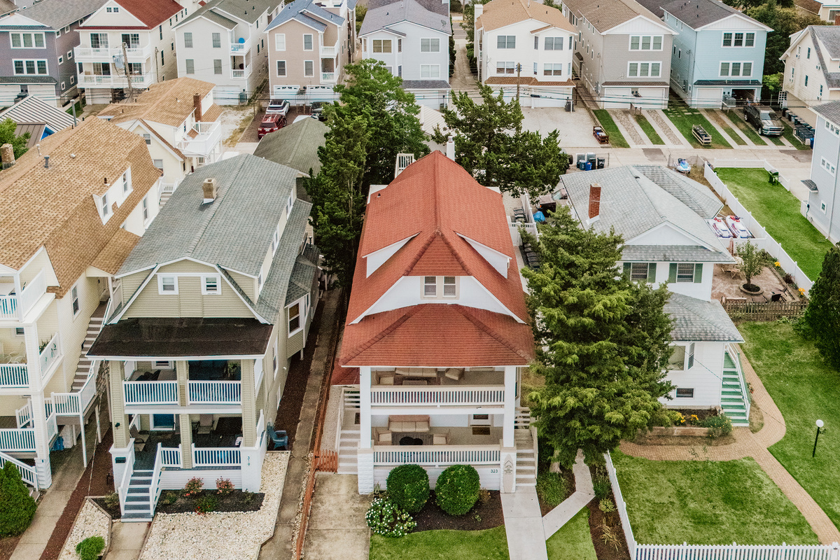 High-Angle Aerial Shot Looking Down Street