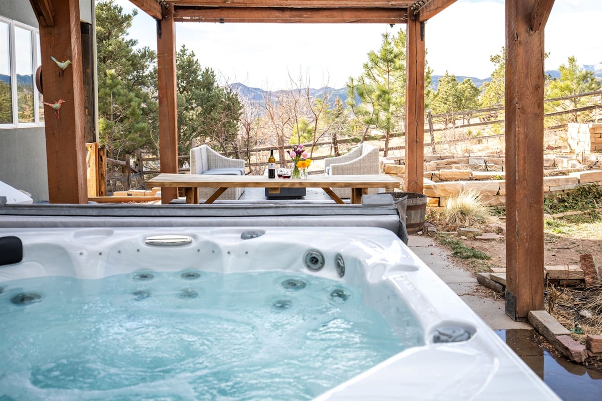 A spacious six-person hot tub bubbles invitingly on our private patio, its clear water gently steaming in the cool air.  Perfect for relaxing with family and friends!
