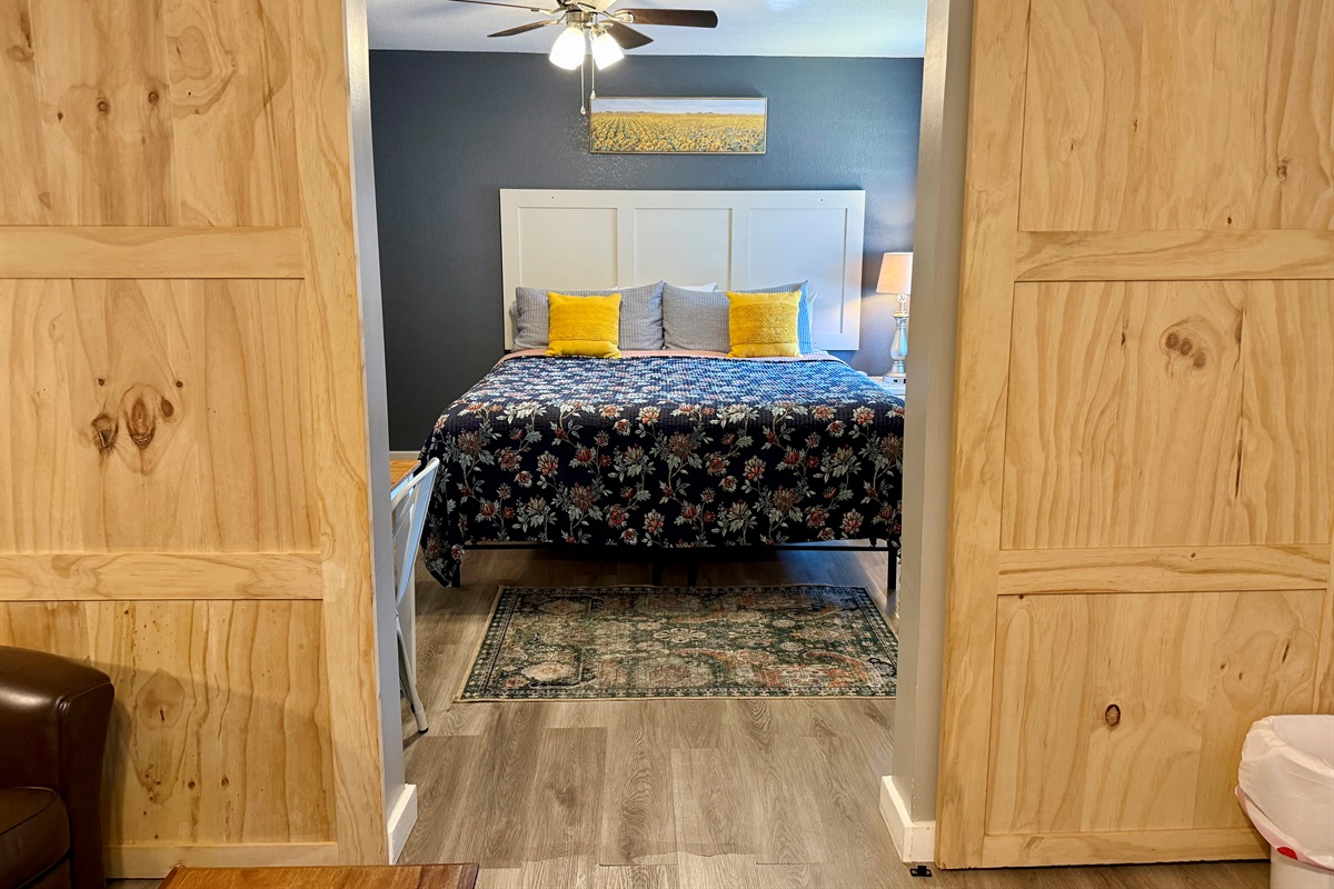 Barn doors for privacy between the two rooms.