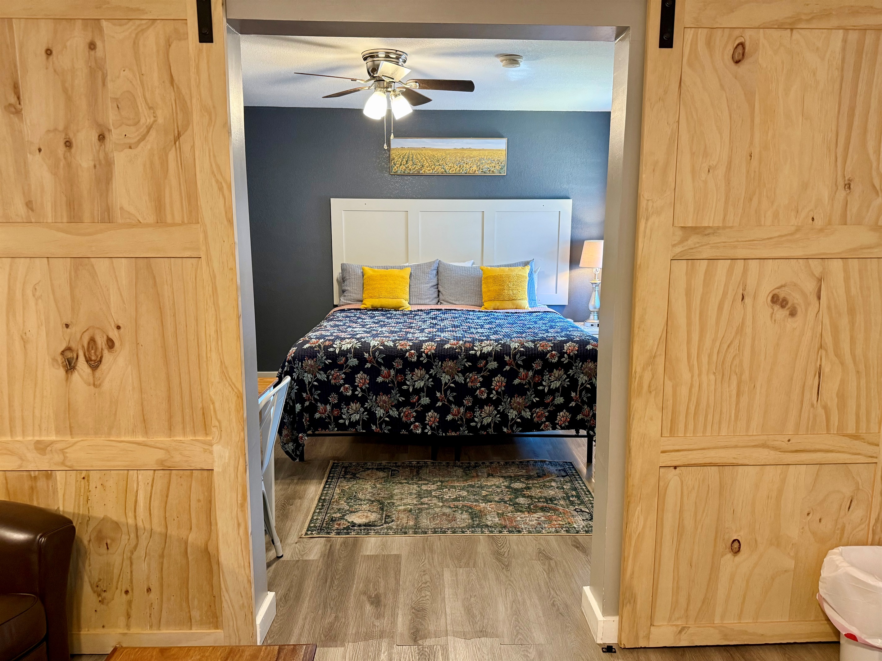 Barn doors for privacy between the two rooms.