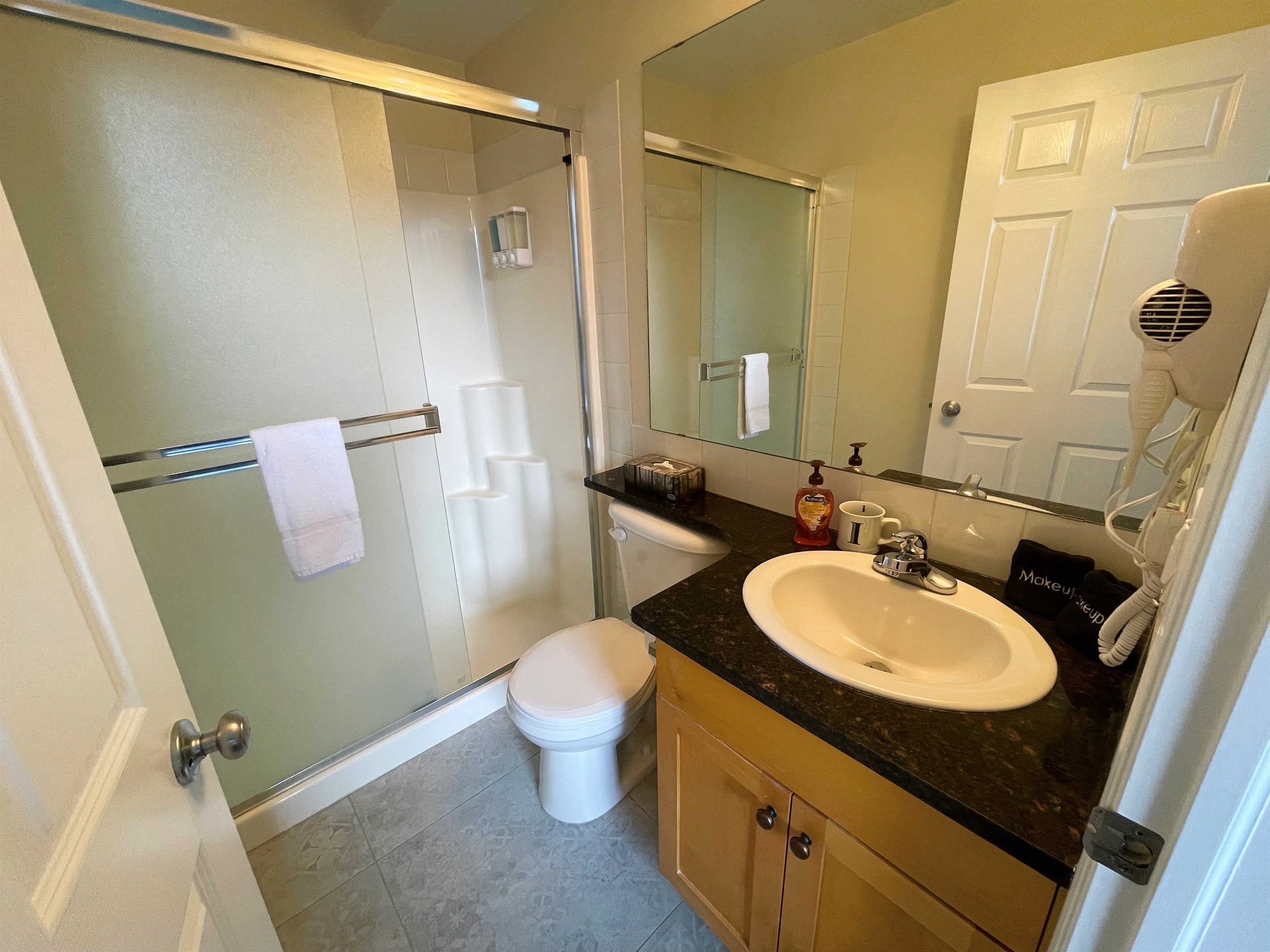 Ensuite bathroom for the master bedroom. Towels, shampoo/conditioner and soap provided. Hair dryer.