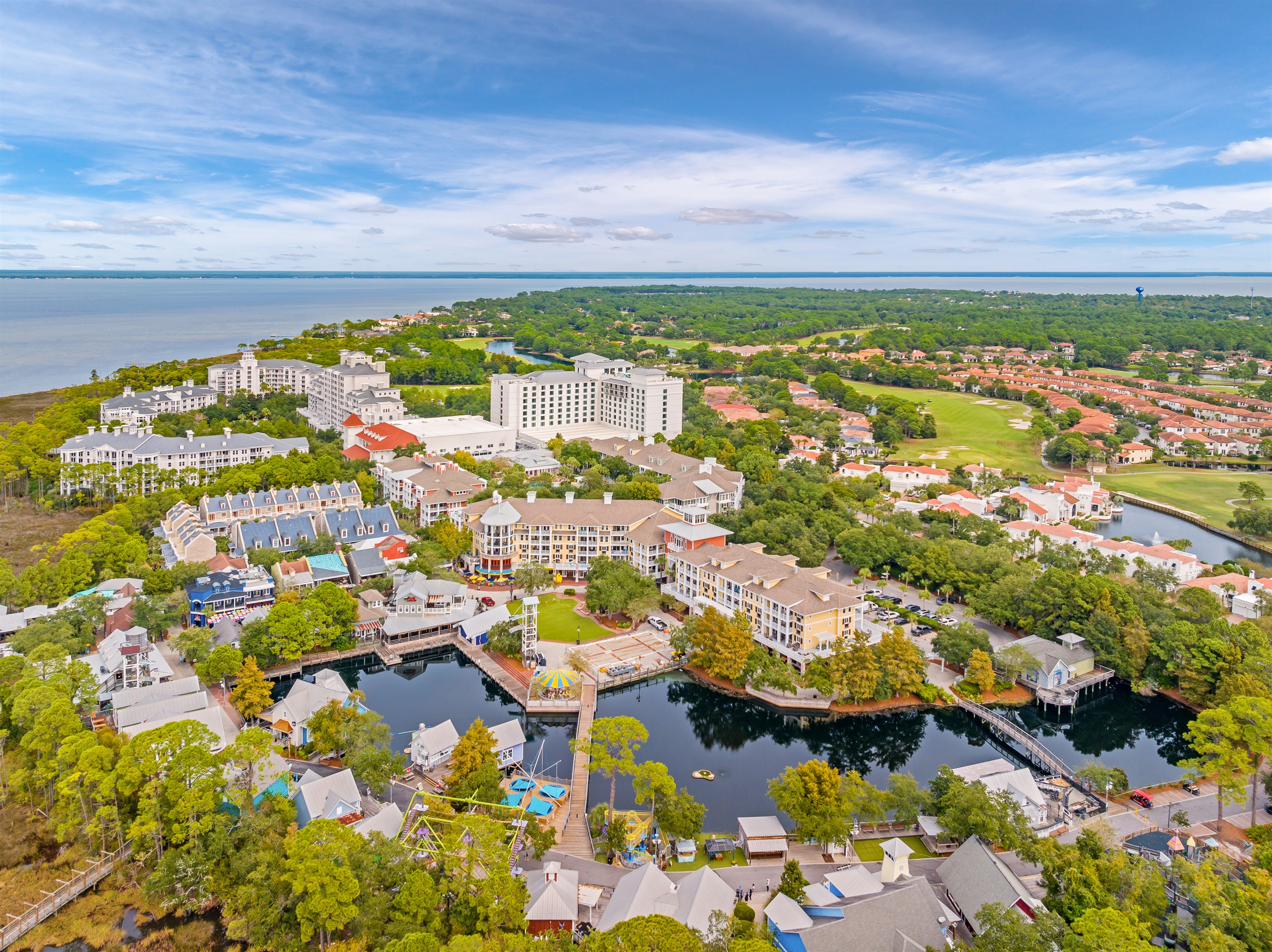 Experience the beauty of the Sandestin area with panoramic views of the Baytowne Wharf Village and its pristine waterways